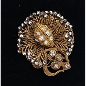 Vintage Miriam Haskell Gold Tone Rhinestone Crystal Flower Brooch Rare 1.6"x1.3"